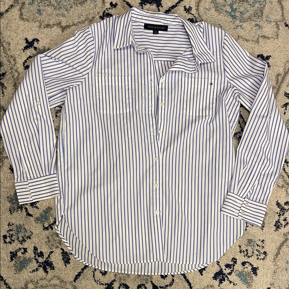 White and Blue Striped Button Down Shirt